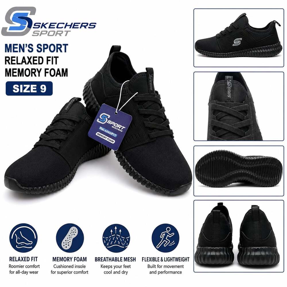 NWTS Skechers Sport Relaxed Fit Memory Foam Men’s Black Sneakers Shoes Size 9